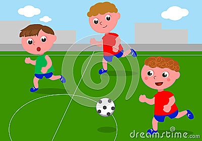 Friends playing soccer in football field Vector Illustration