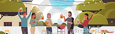 Friends preparing hot dogs on grill and drinking beer happy men women group having fun backyard picnic barbecue party Vector Illustration