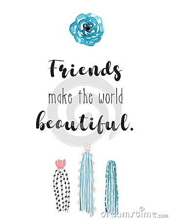 Friends Quote Watercolor Cactus Poster Wall Art Stock Photo