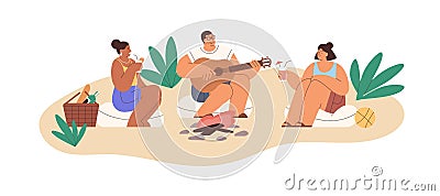 Friends relax on summer picnic, playing guitar and singing songs by campfire. Happy people on beach, resting with Vector Illustration