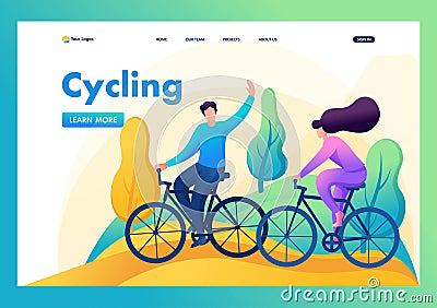 Friends ride a bike in the forest, rest, entertainment, walk, friendship. Flat 2D character. Landing page concepts and web design Vector Illustration