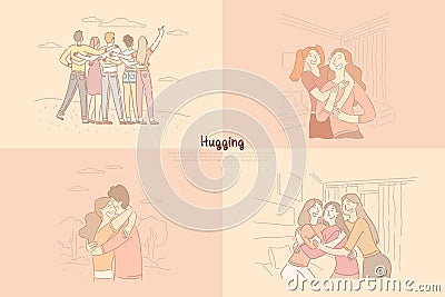 Friends, siblings hugging, sisters spending time together, girlfriends having party, couple dating banner template Vector Illustration