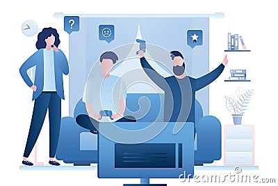 Friends are sitting on couch and playing video games. Gamers hold joysticks in hands and watch monitor. Online multiplayer. Room Vector Illustration