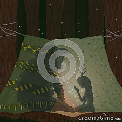 Friends are sitting in a hut of blankets and telling tales. A girl and a forest tanner in a tent of magic and history. In the fore Stock Photo