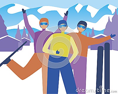 Friends at ski resort as happy skiers concept, flat vector stock illustration with people on travel Vector Illustration