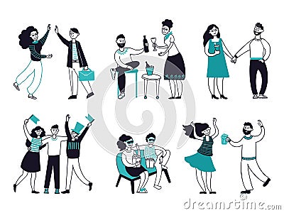 Friends spend time together. Happy friend, people group talking and drink. Event person, isolated laughing young guys on Vector Illustration