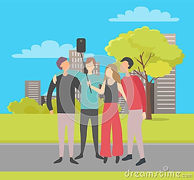 Friends Spending Time Together Cityscape Selfie Vector Illustration