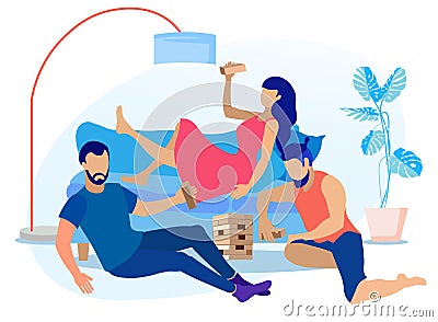Friends Spending Time Together Play Jenga Cartoon Vector Illustration