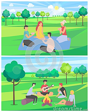 Friends on Summer Vacation Spending Time Together Vector Illustration