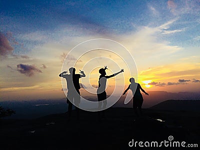 Friends sunshine mountain Stock Photo