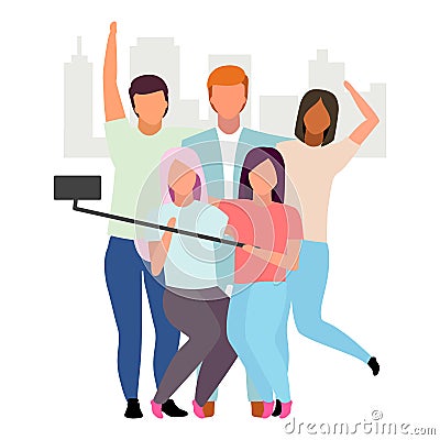 Friends taking selfie flat vector illustration. People group making photo with phone and monopod cartoon characters. Best friends Vector Illustration