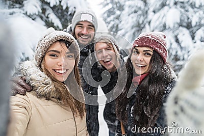 Friends Taking Selfie Photo Smile Snow Forest Young People Group Outdoor Stock Photo