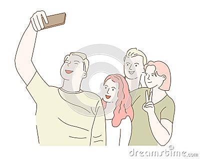 Friends taking selfie on smartphone photo classmates gathering Vector Illustration