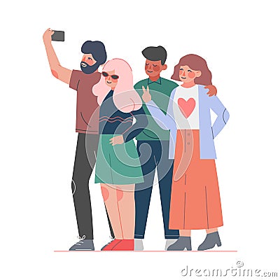 Friends Taking Selfie with Smartphone, Young People Spending Time Together and Photographing Cartoon Style Vector Vector Illustration