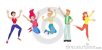 Friends, teenager boys girls together jumping vector Vector Illustration