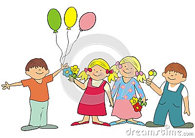 Friends, group of children with balloons and flowers, ice cream, party card, eps. Vector Illustration