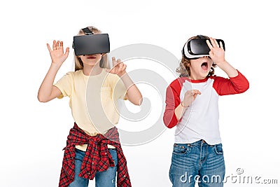 Friends in virtual reality headsets Stock Photo