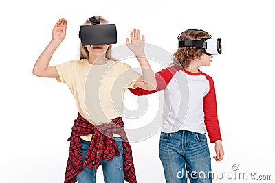 Friends in virtual reality headsets Stock Photo