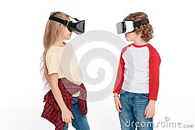 Friends in virtual reality headsets Stock Photo