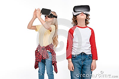 Friends in virtual reality headsets Stock Photo