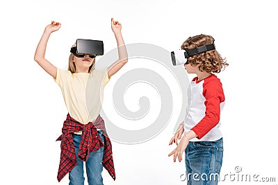 Friends in virtual reality headsets Stock Photo