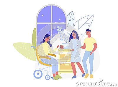 Friends, Visiting Disabled Woman in Wheel Chair Vector Illustration