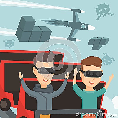 Friends in vr headset riding on roller coaster. Vector Illustration