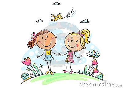 Friends walking outdoors, cartoon girls, vector illustration Vector Illustration