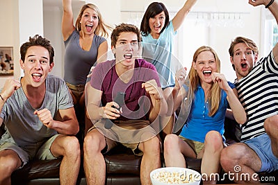 Friends Watching Sport Celebrating Goal Stock Photo