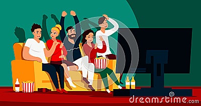 Friends watching TV. Cartoon happy characters sitting on sofa and watching movie or show on streaming service. Vector Vector Illustration