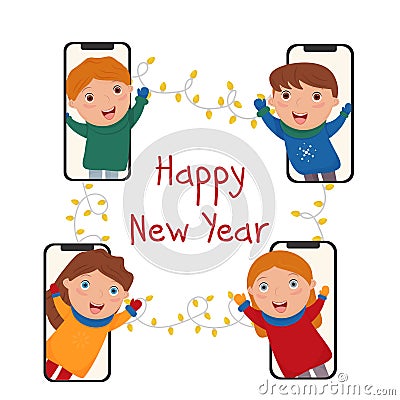 Friends wish their friends Merry Christmas and Happy New Year. Video call. Talk on the phone. Vector illustration Vector Illustration