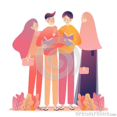 Friends young man women reading books. Standing Learning together. Islam muslim wearing head-scarf veil. Vector Illustration