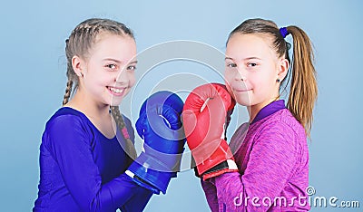 Friendship as battle and competition. Pass boxing challenge. Test for fortitude. Female friendship. Girls in boxing Stock Photo