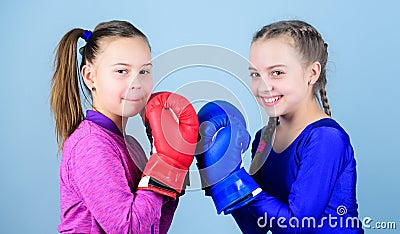 Friendship as battle and competition. Pass boxing challenge. Test for fortitude. Female friendship. Girls in boxing Stock Photo