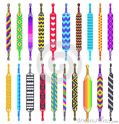 Friendship bracelets. Hippie braided wristband, wrist bracelet with pattern and hand made jewellery vector set Vector Illustration