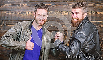 Friendship of brutal guys. Handshake symbol of successful deal. Approved business deal. Handshake gesture meaning. Have Stock Photo