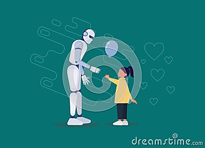 Friendship of a child and a robot. Little girl gives a balloon to a robot. Android, cyborg, humanoid robot, friendship concept, Cartoon Illustration