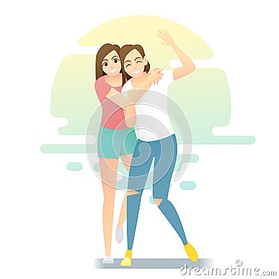 Friendship concept background with two young women having fun together Vector Illustration