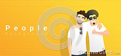 Friendship concept with two young men having fun and standing on yellow background Vector Illustration