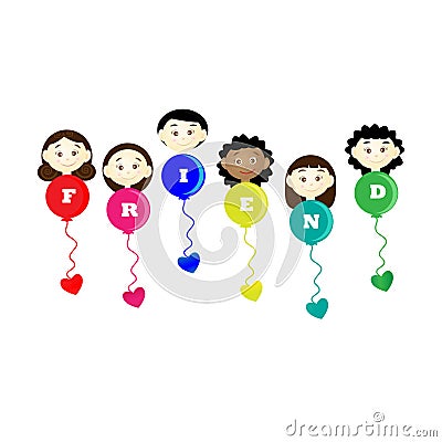 Friendship day title children balloons flags Stock Photo