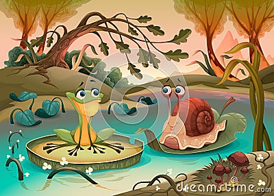 Friendship between frog and snail Vector Illustration