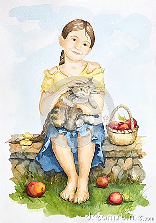 Friendship of a girl and a cat Cartoon Illustration