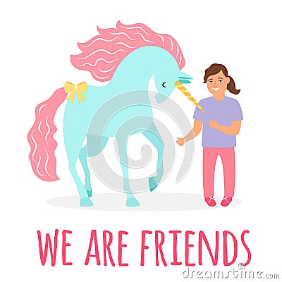 Friendship girl and unicorn vector illustration. Best friend Vector Illustration