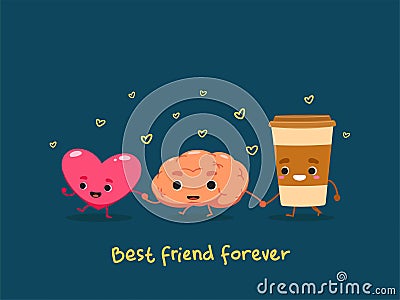 A friendship between the Heart, the brain and the coffee Vector Illustration
