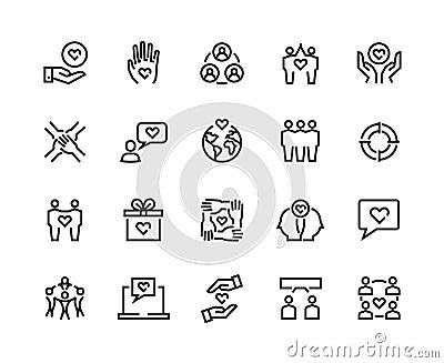 Friendship line icons. Charity and partnership, business assistance and communication concept. Vector community Vector Illustration