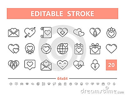 Friendship and Love 20 line icons. Vector illustration in line style. Editable Stroke, 64x64, 256x256, Pixel Perfect. Vector Illustration