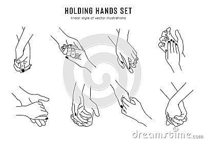 Friendship and lovers hand gestures in linear style. Vector couple holding hands, set of abstract logo template, tattoo Vector Illustration