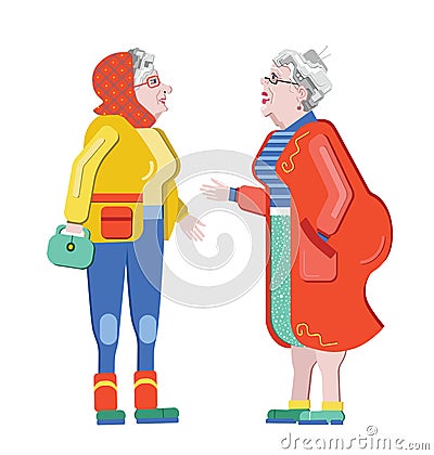 Friendship of old people. Old Girlfriends. Older woman talking on the street. Old women discuss retirement. Senior having fun. Old Vector Illustration
