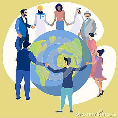 Friendship of the peoples of the entire planet. People dance in a circle around the Earth. In minimalist style Cartoon Stock Photo