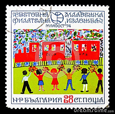 Friendship USSR-VRB, by Vanya Bojanowa, Youth Stamp Exhibition '74: Children's Drawings serie, circa 1974 Editorial Stock Photo